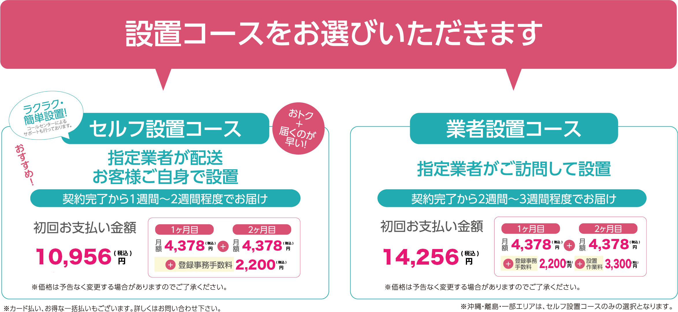 ラクラク・カンタン設置！おトク＋届くのが早い！「セルフ設置コース」と指定業者がご訪問して設置する「業者設置コース」